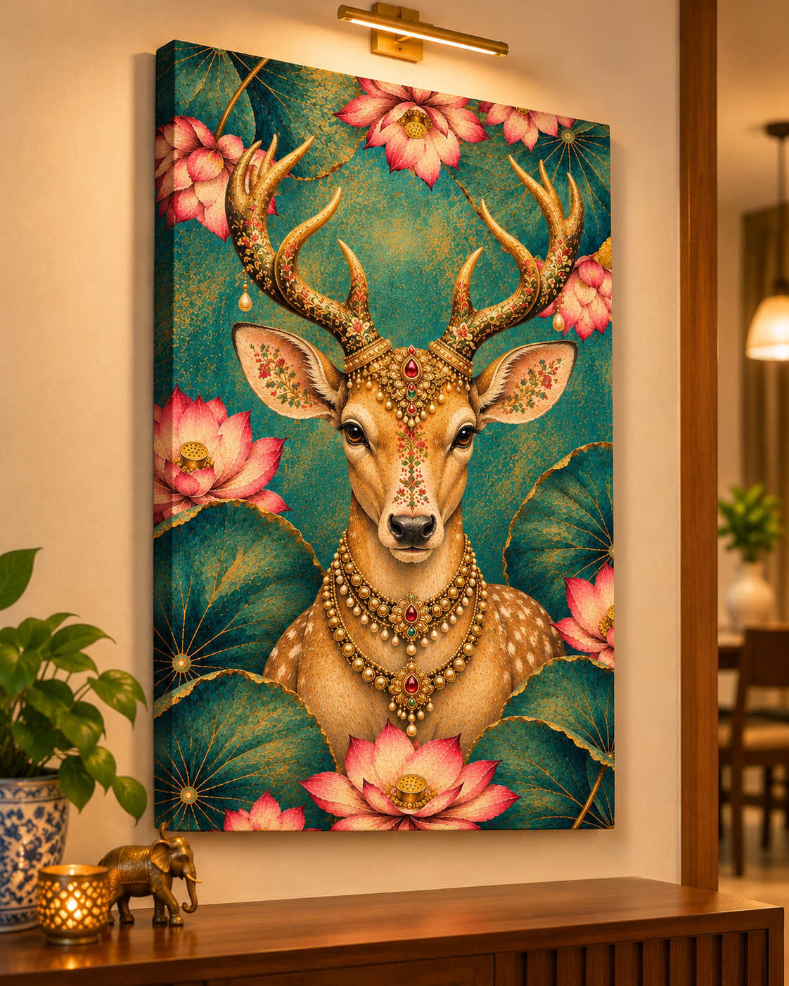 Regal Lotus Stag canvas on a beige wall in a warm, lamp-lit hallway