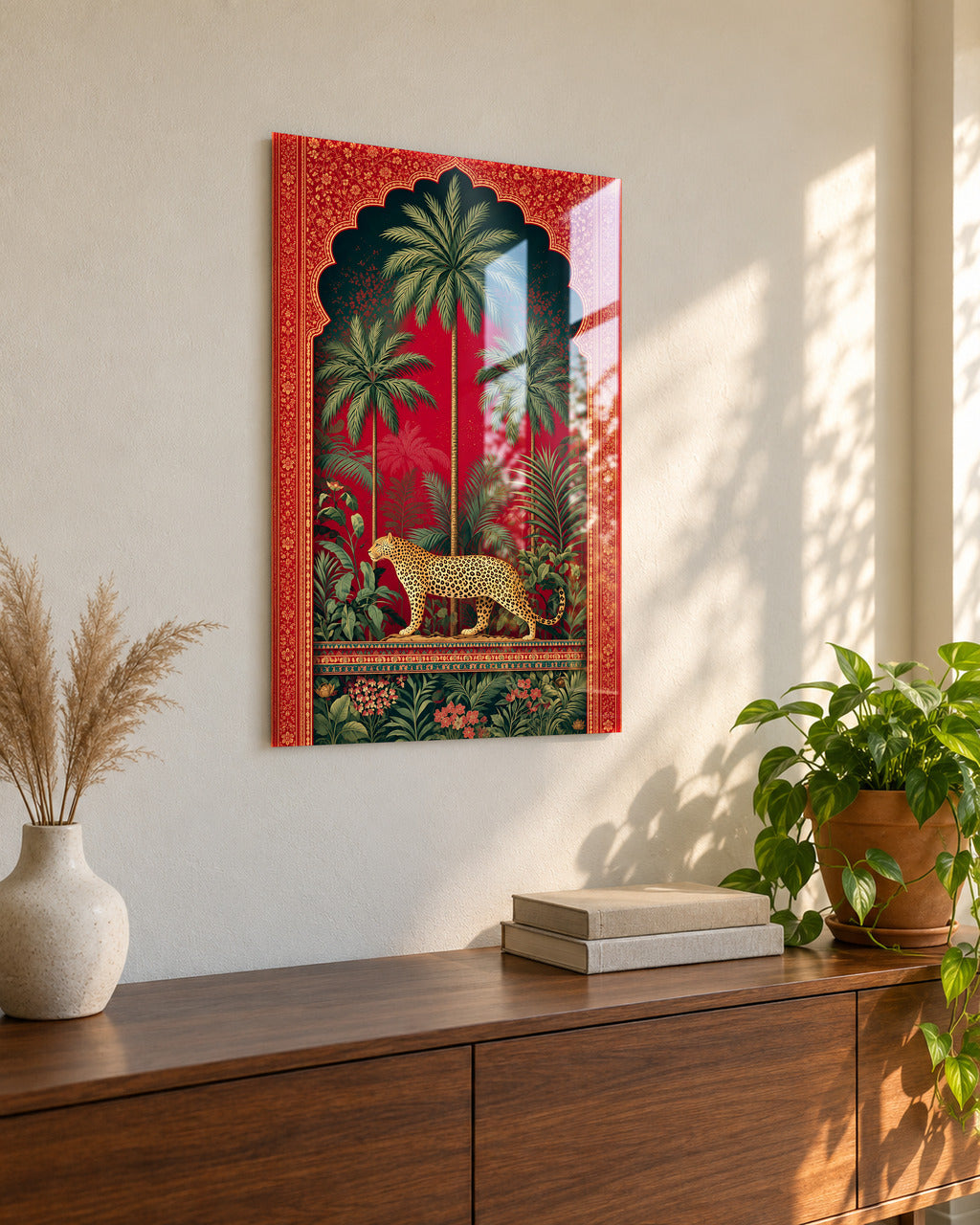 Royal Jungle Leopard acrylic wall art, seen from the side in a living room
