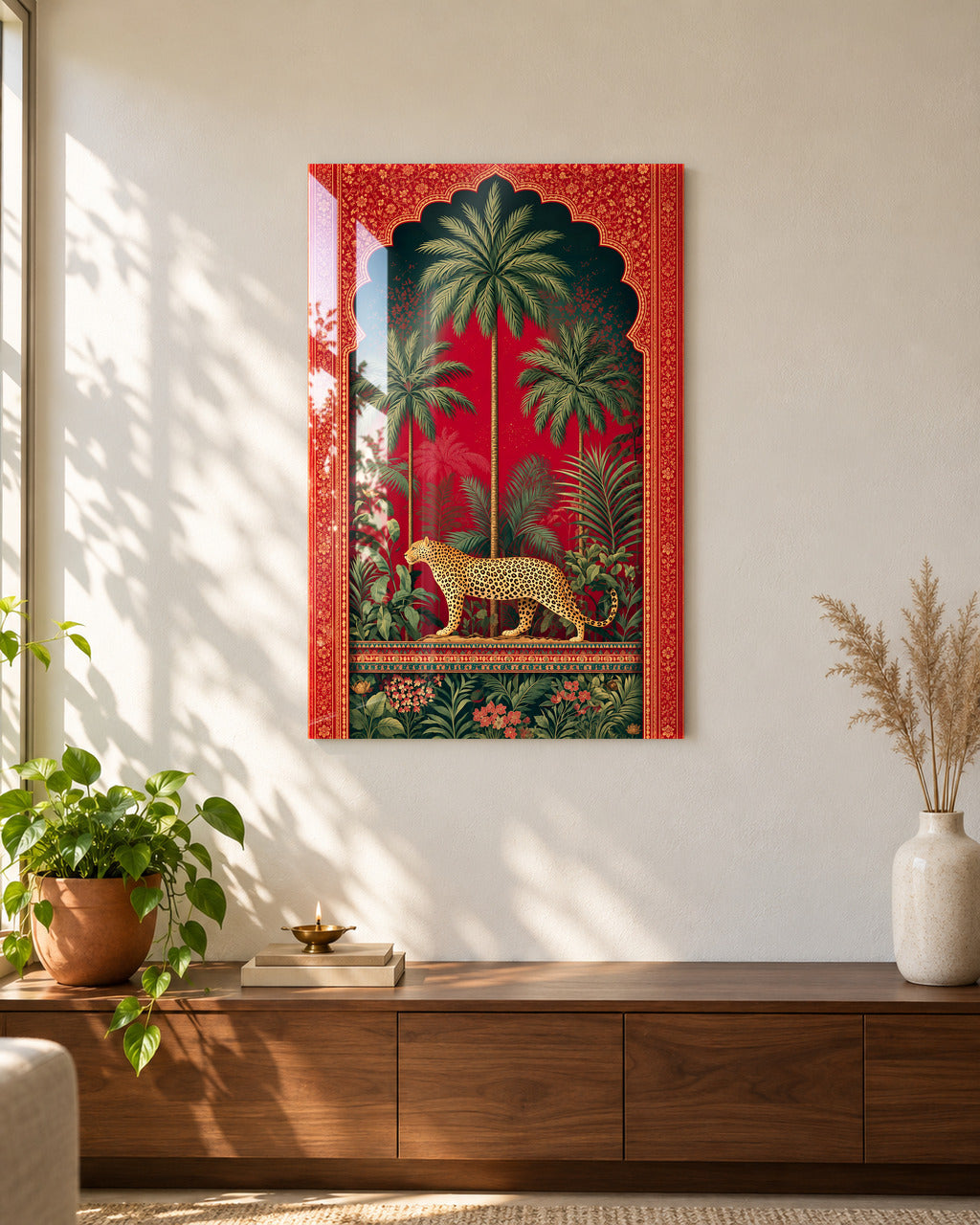 Royal Jungle Leopard acrylic wall art above a walnut console in a sunlit living room