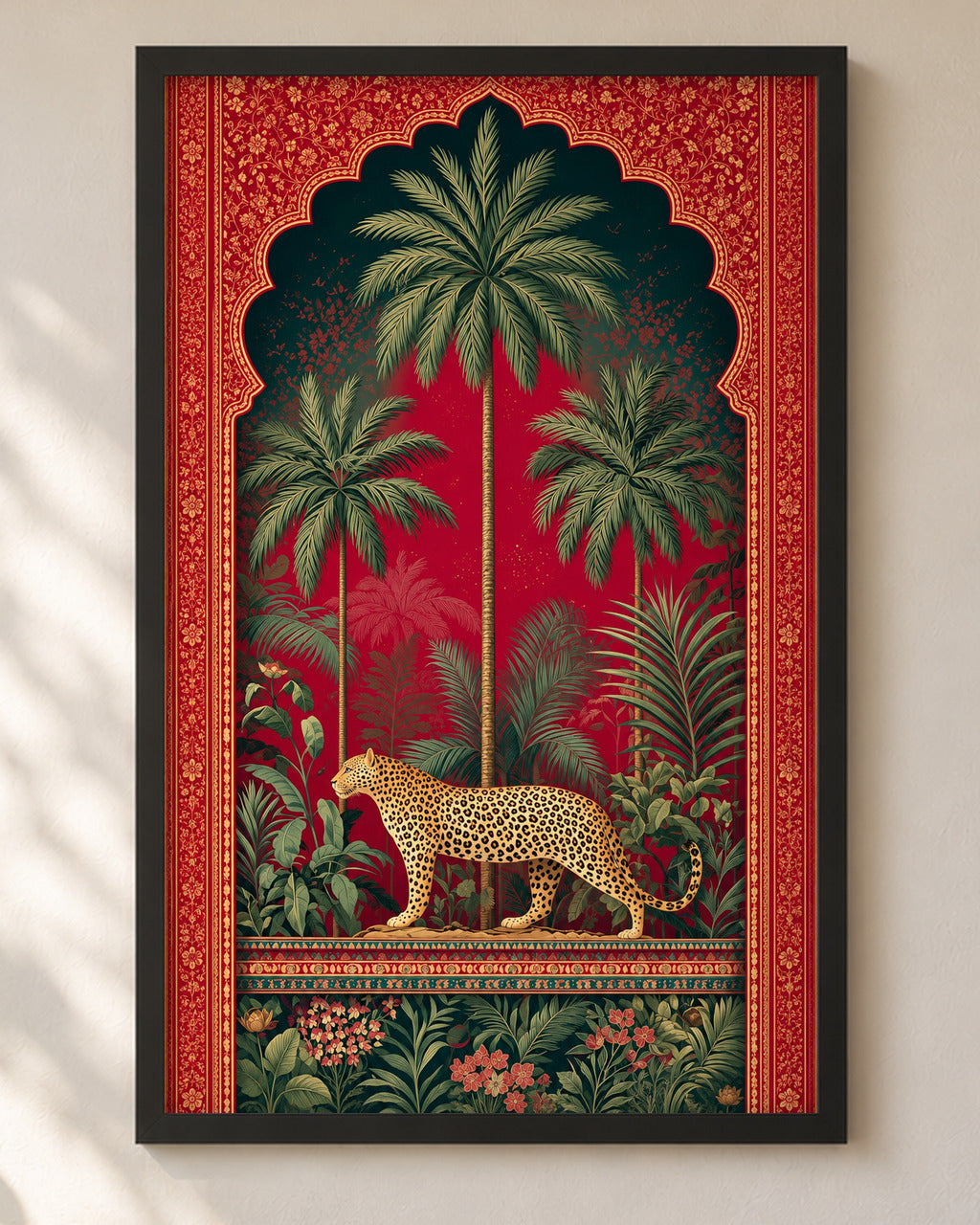 Royal Jungle Leopard poster in a black frame, close-up