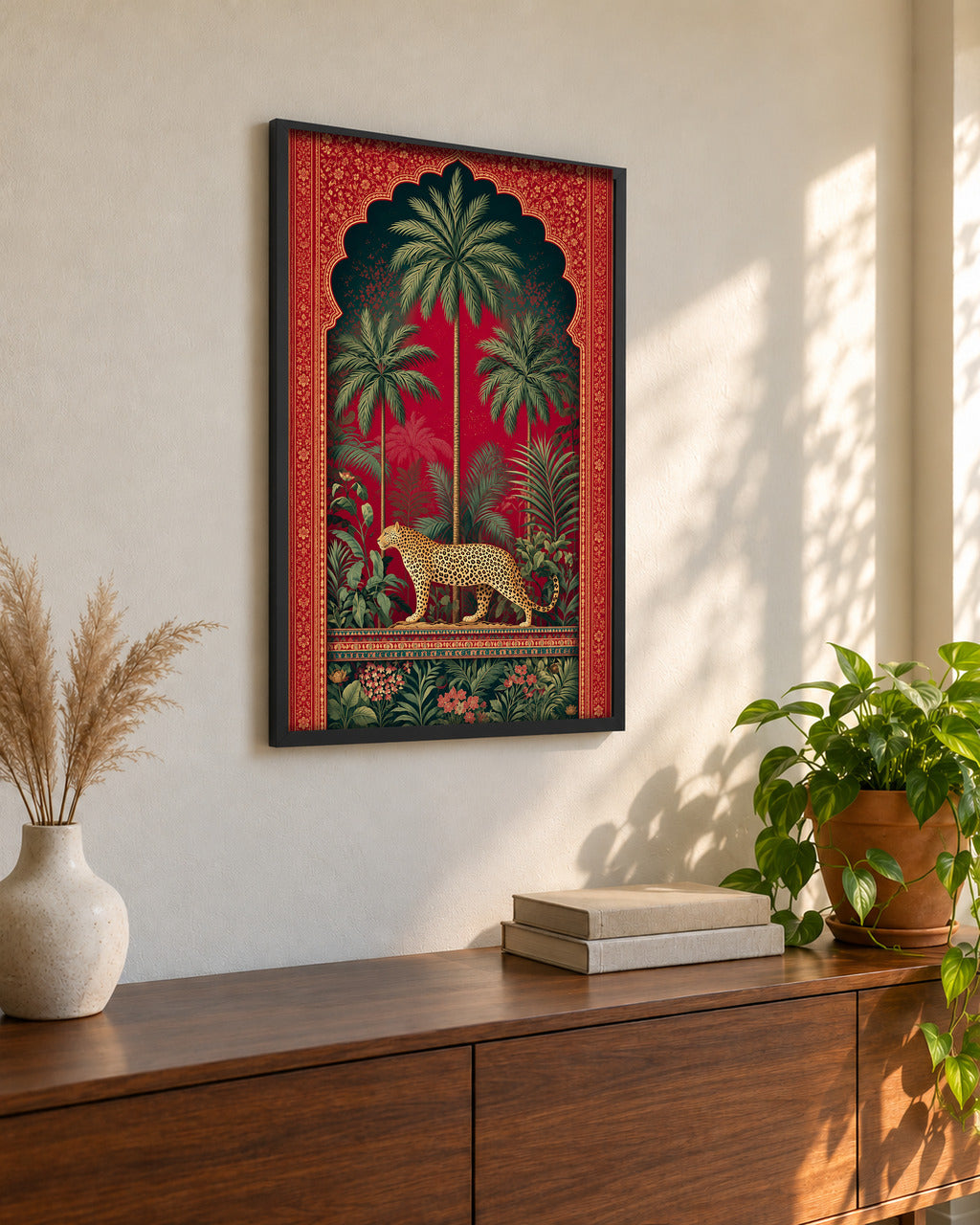 Royal Jungle Leopard poster in a black frame, seen from the side