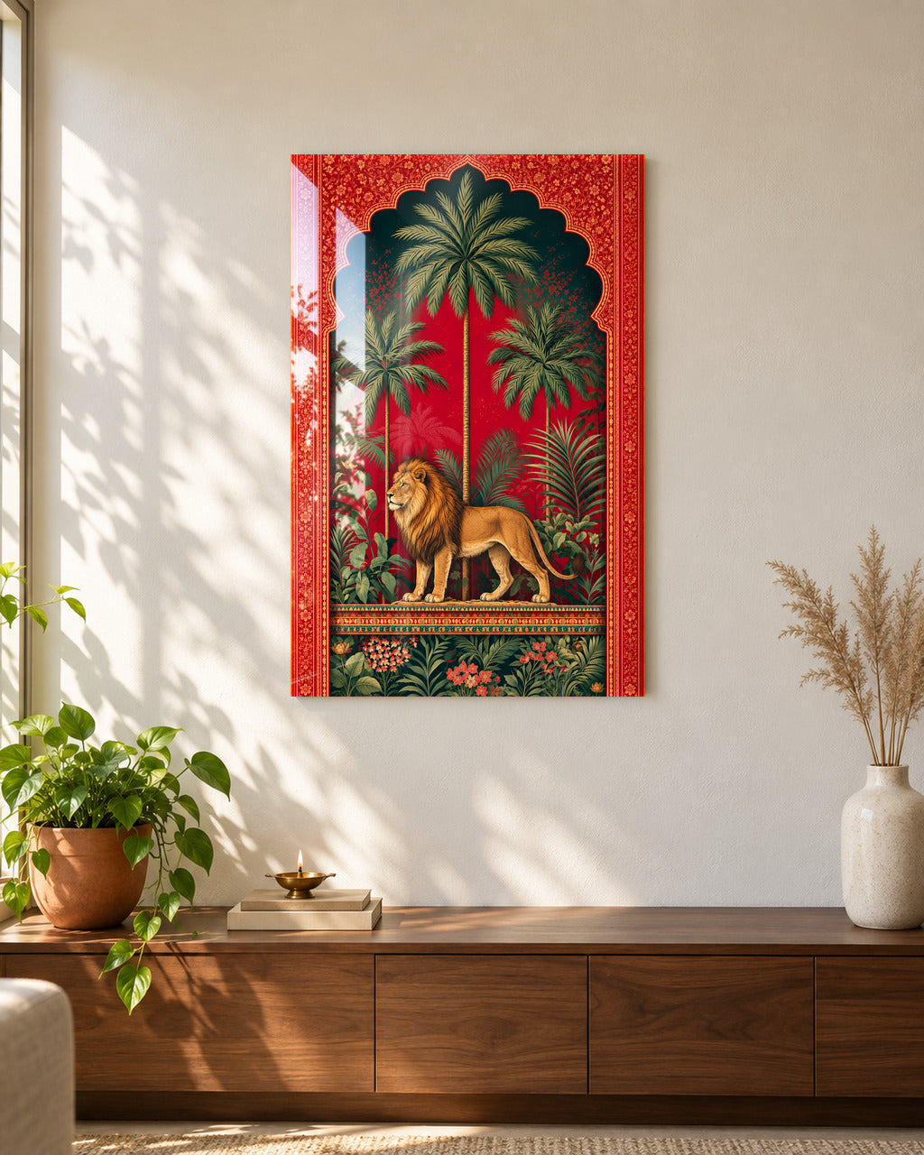 Royal Jungle Lion acrylic wall art above a walnut console in a sunlit living room