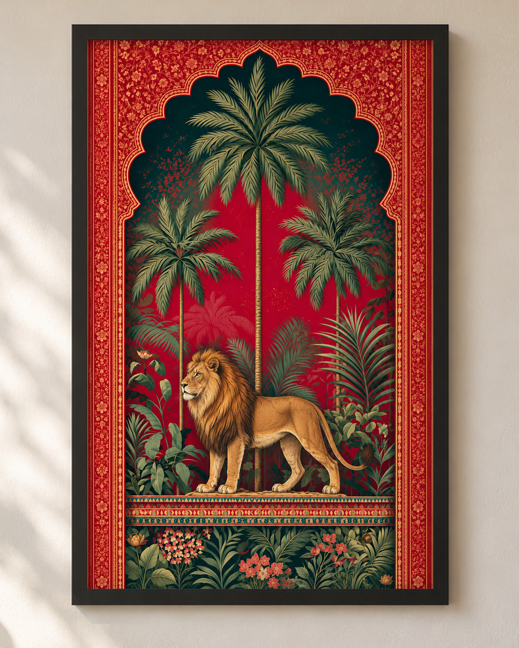 Royal Jungle Lion poster in a black frame, close-up