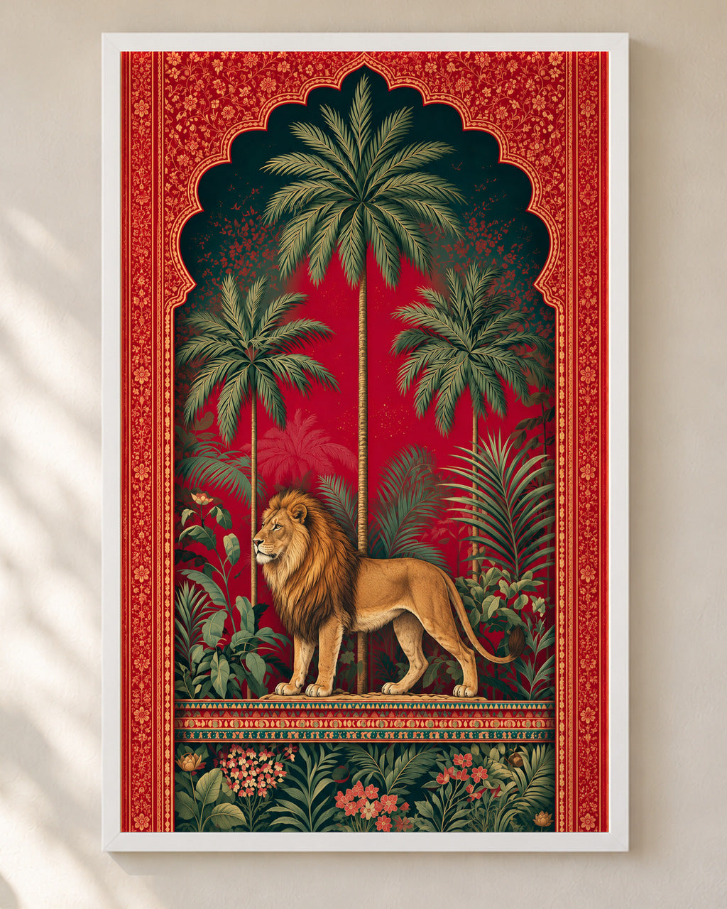 Royal Jungle Lion poster in a white frame, close-up