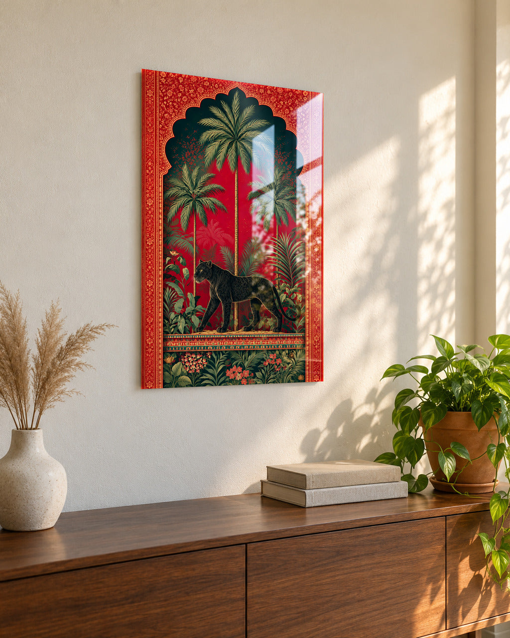 Royal Jungle Panther acrylic wall art, seen from the side in a living room