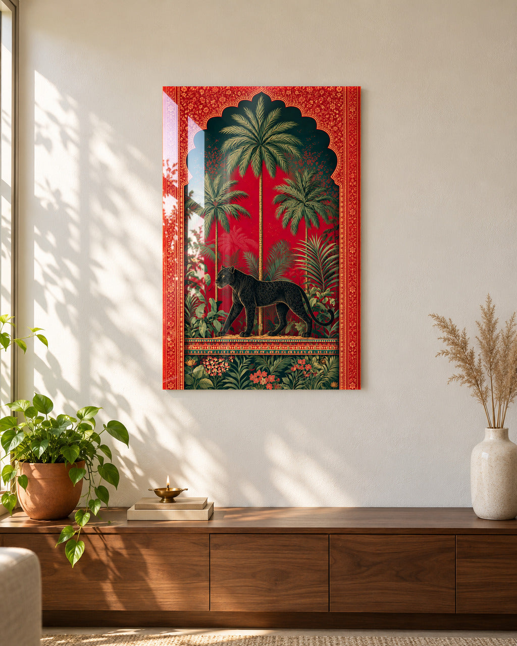 Royal Jungle Panther acrylic wall art above a walnut console in a sunlit living room
