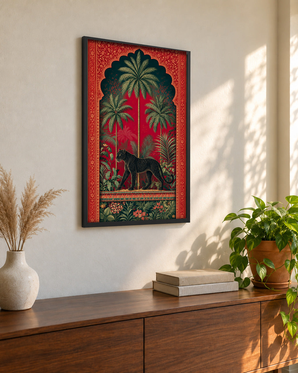 Royal Jungle Panther poster in a black frame, seen from the side
