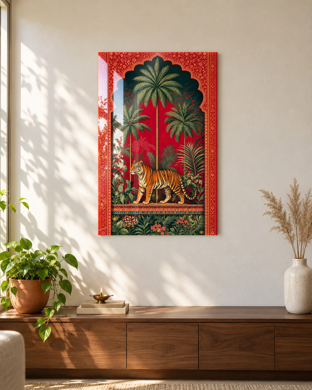Royal Jungle Tiger acrylic wall art above a walnut console in a sunlit living room