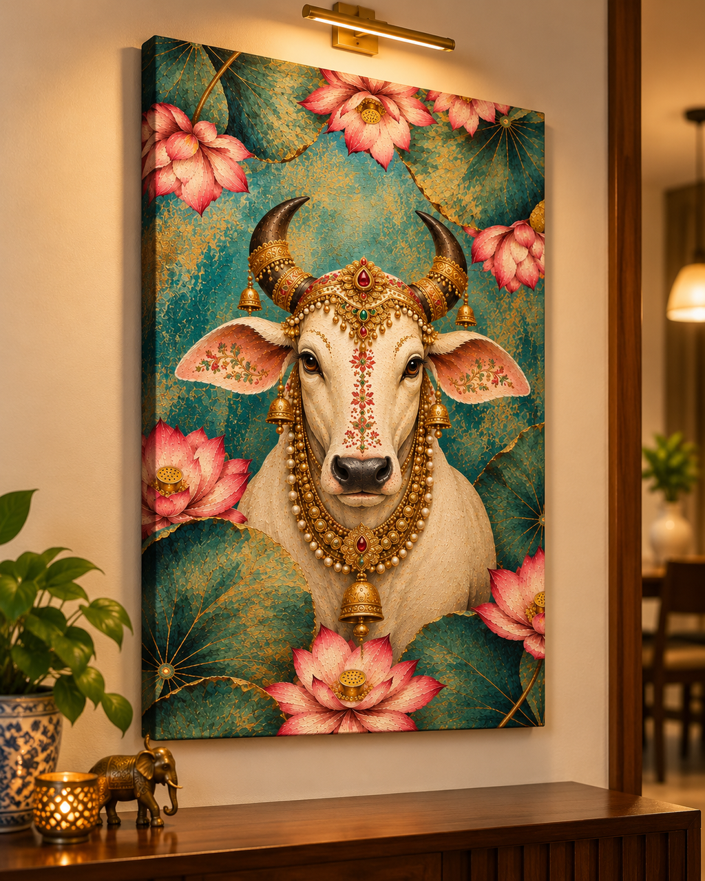 Sacred Lotus Cow canvas above a wooden console in a warm, lamp-lit hallway