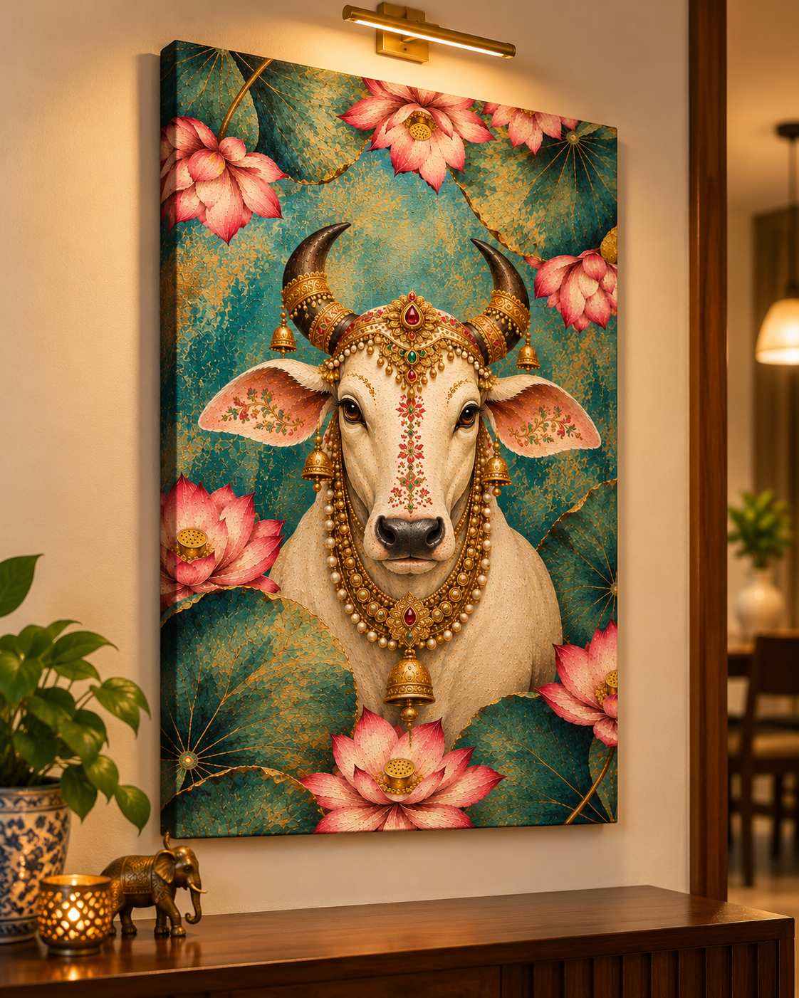 Sacred Lotus Cow canvas above a wooden console in a warm, lamp-lit hallway