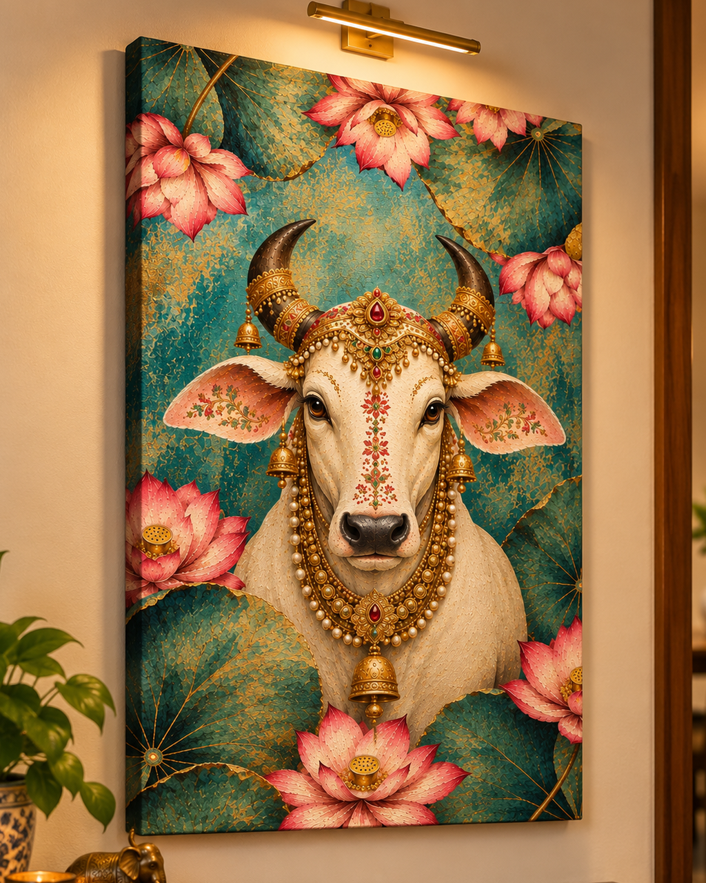 Sacred Lotus Cow canvas framed closer on a warm wall under a brass picture light