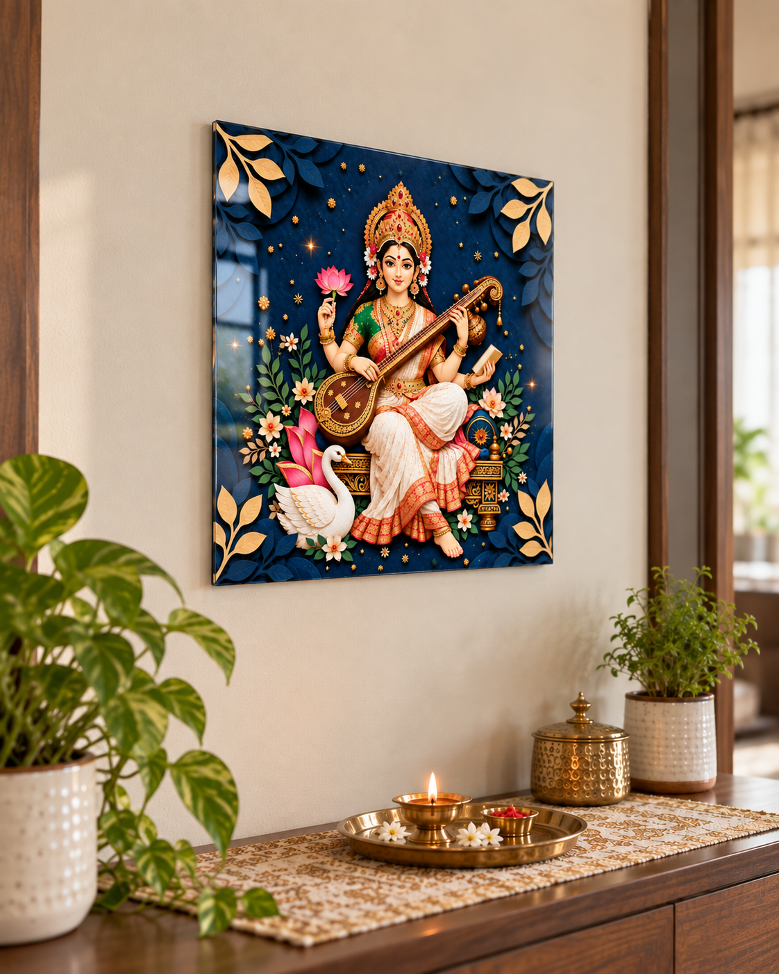 Saraswati acrylic wall art above a pooja console