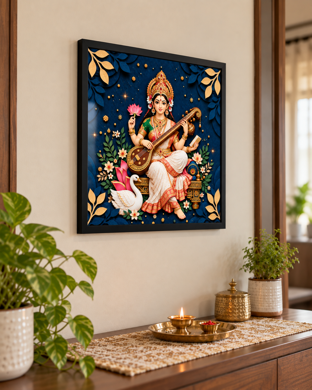 Saraswati poster in a black frame