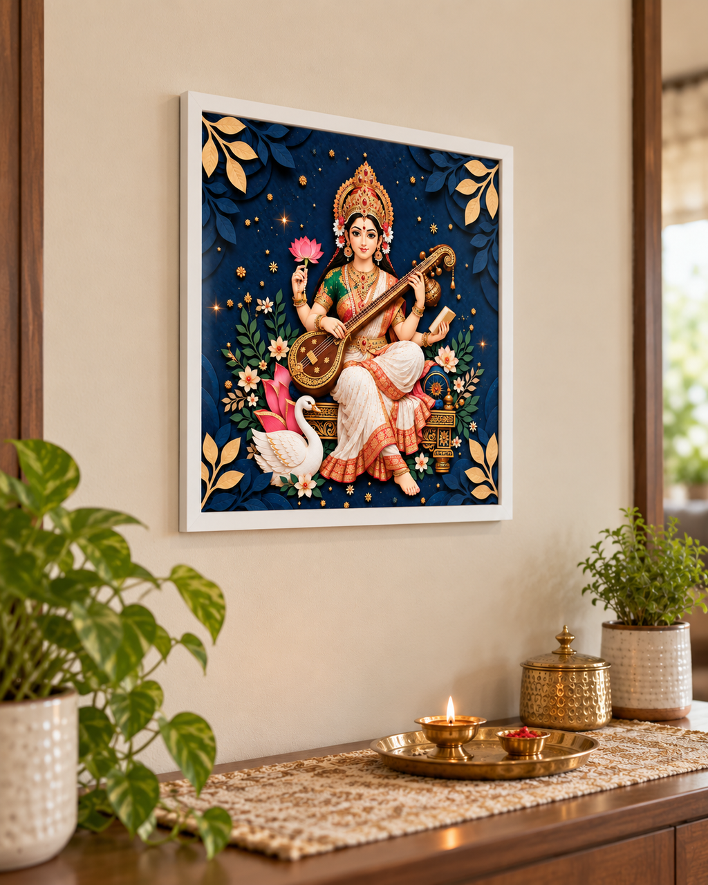Saraswati poster in a white frame