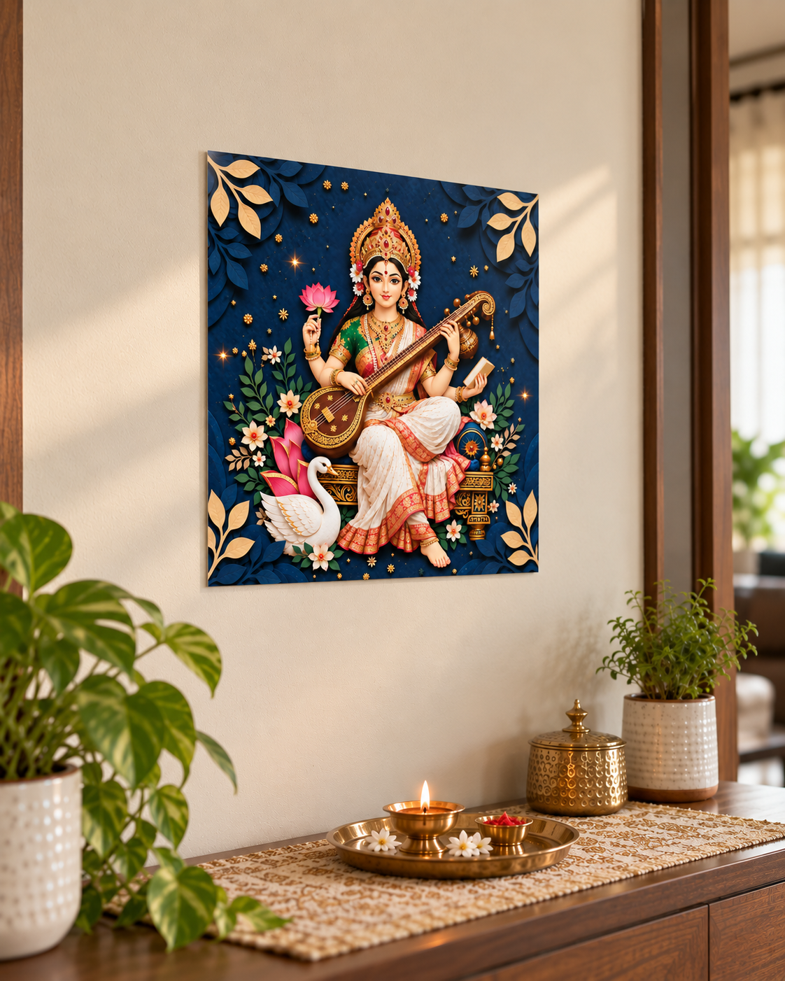 Saraswati unframed poster on a wall