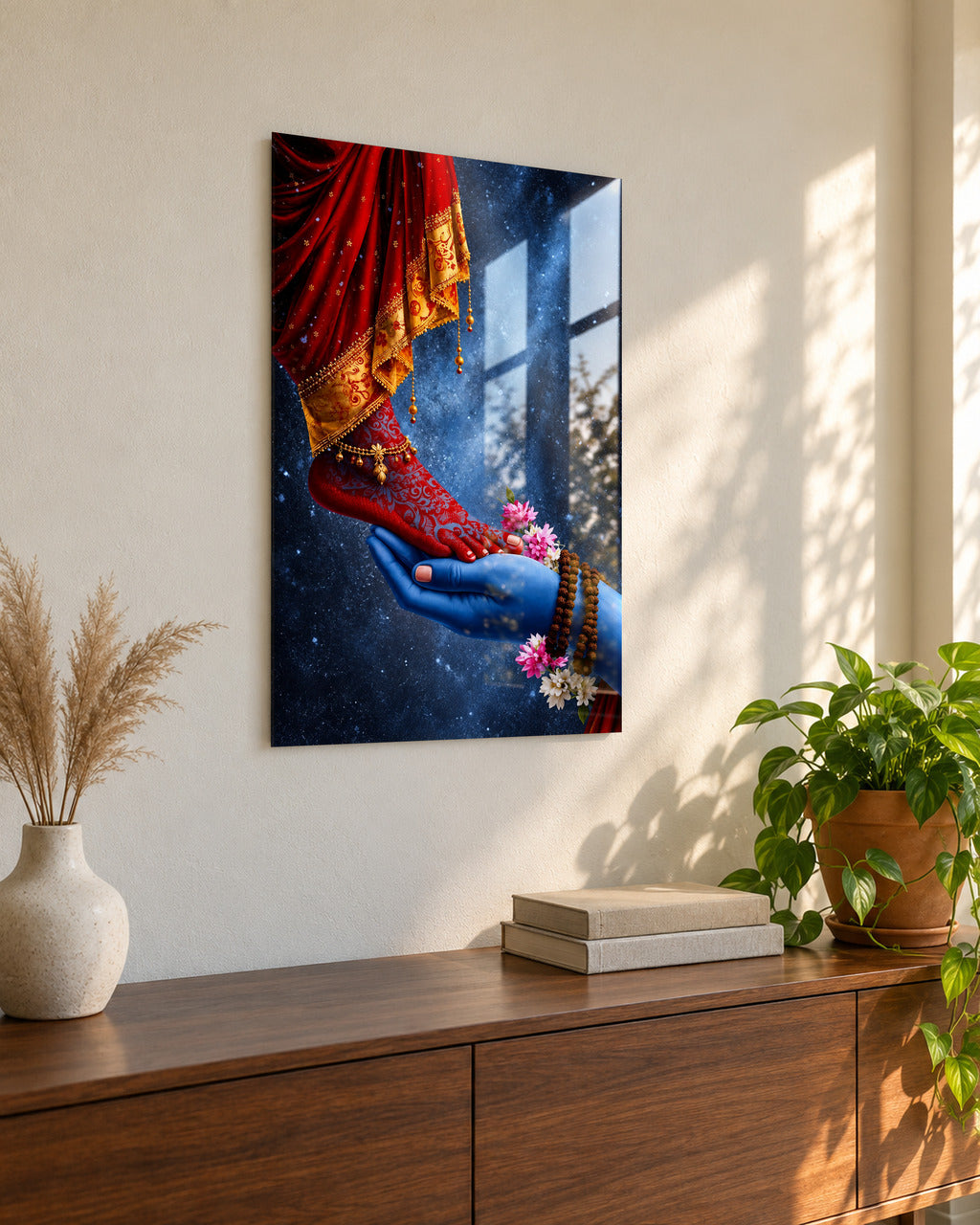 Shiv Parvati Divine Union acrylic wall art, seen from the side in a living room
