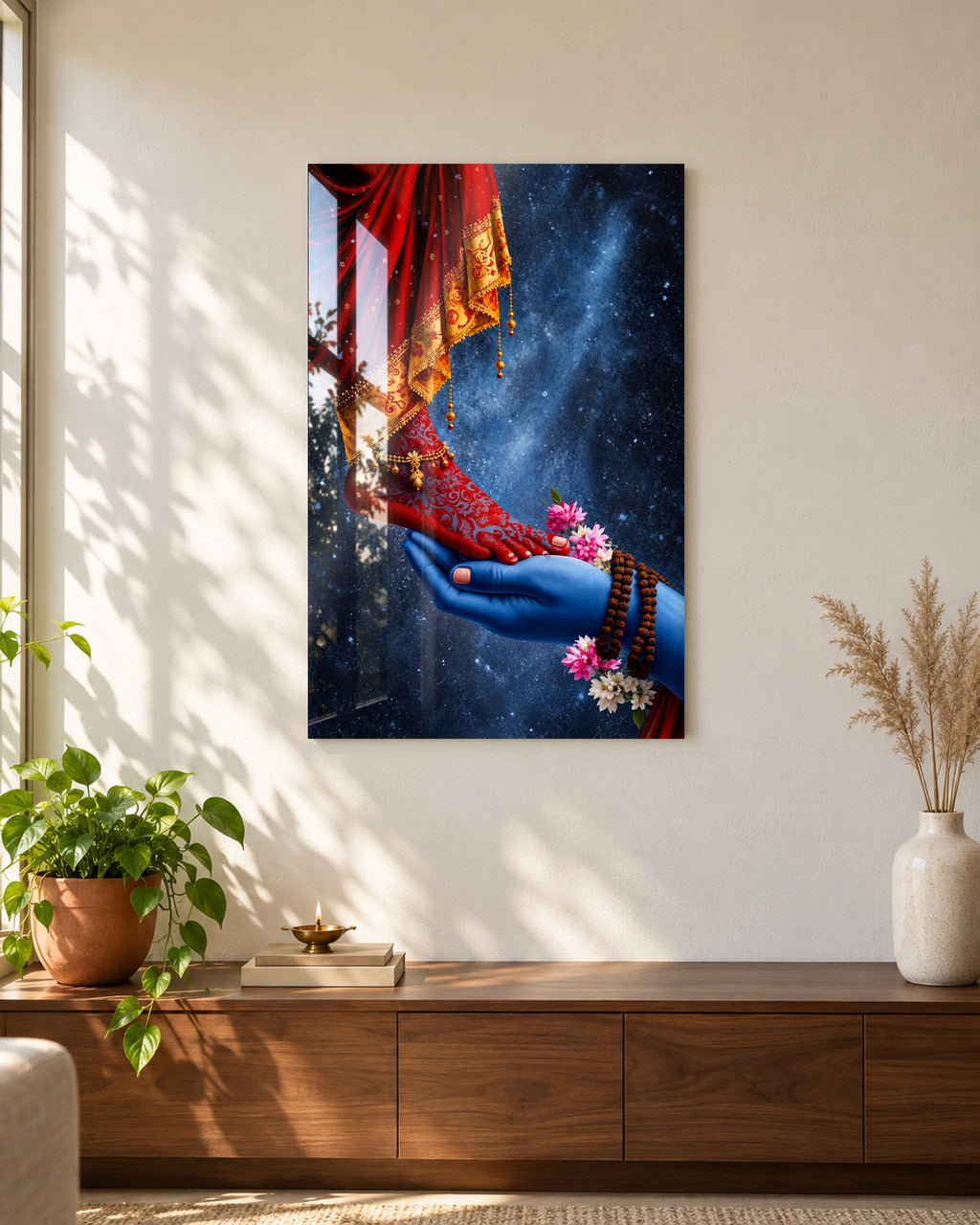 Shiv Parvati Divine Union acrylic wall art, on a sunlit living-room wall above a console