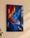 Shiv Parvati Divine Union acrylic wall art above a pooja console, close-up