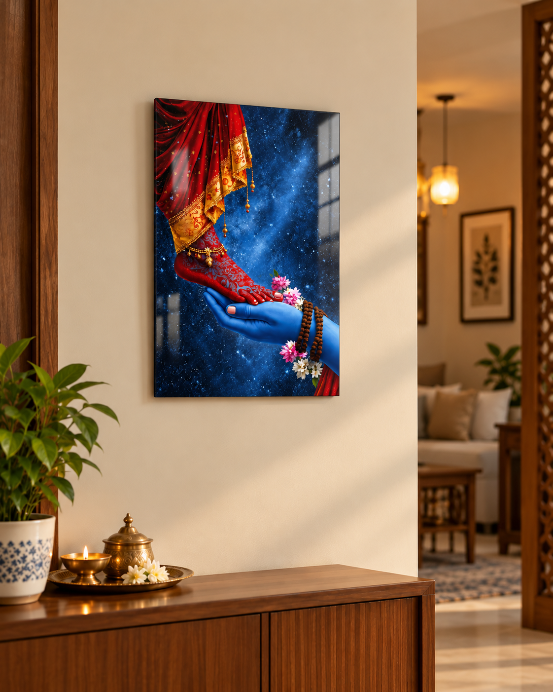 Shiv Parvati Divine Union acrylic wall art above a pooja console