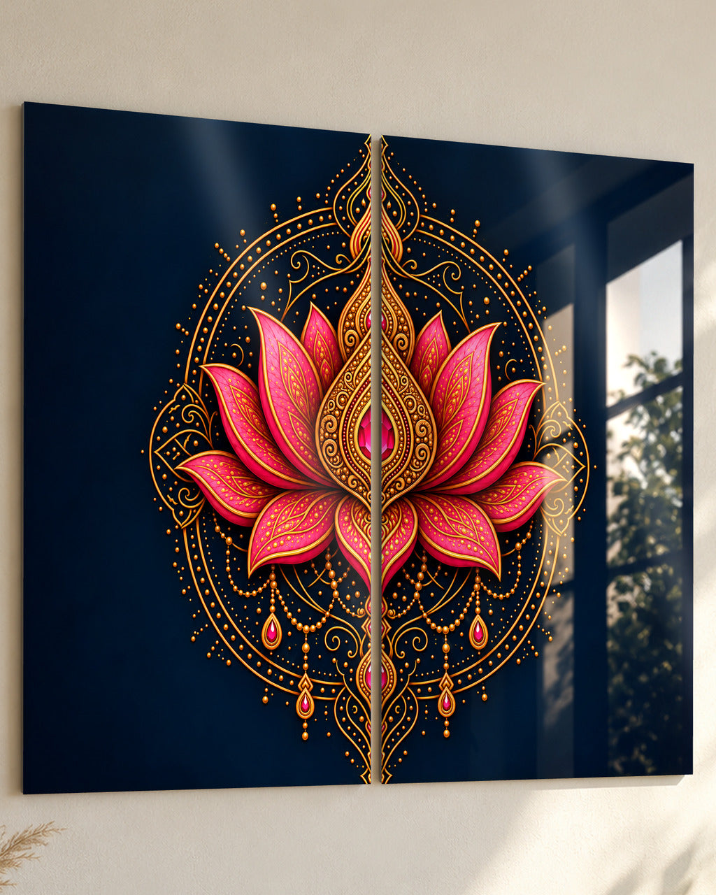 Split Lotus Mandala set of 2 acrylic wall art, close-up from the side