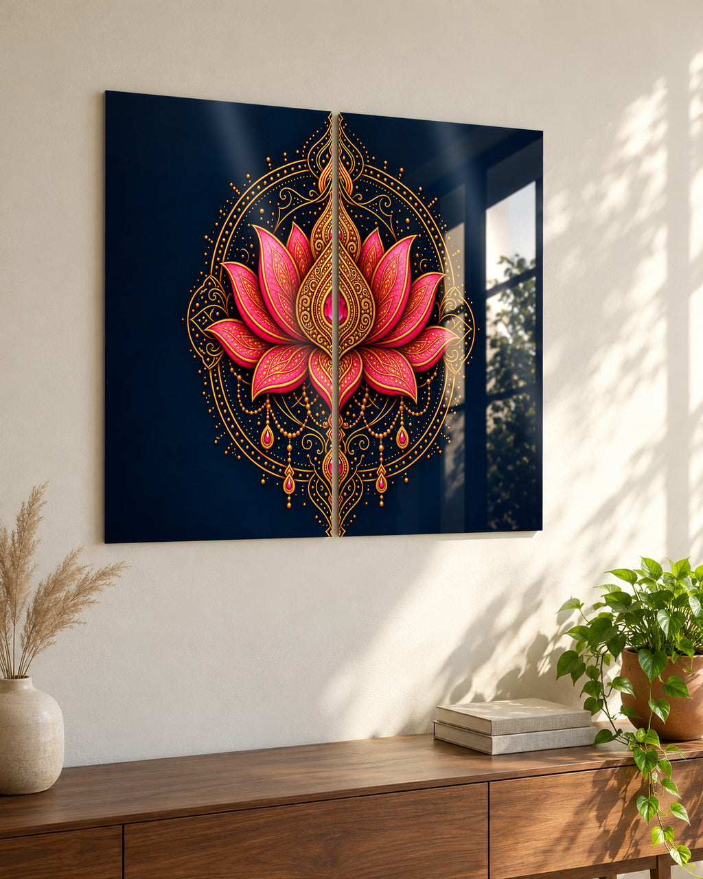 Split Lotus Mandala set of 2 acrylic wall art, seen from the side in a living room