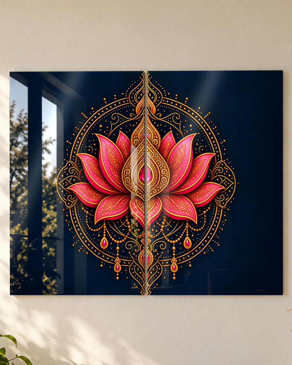 Split Lotus Mandala set of 2 acrylic wall art, close-up of both panels