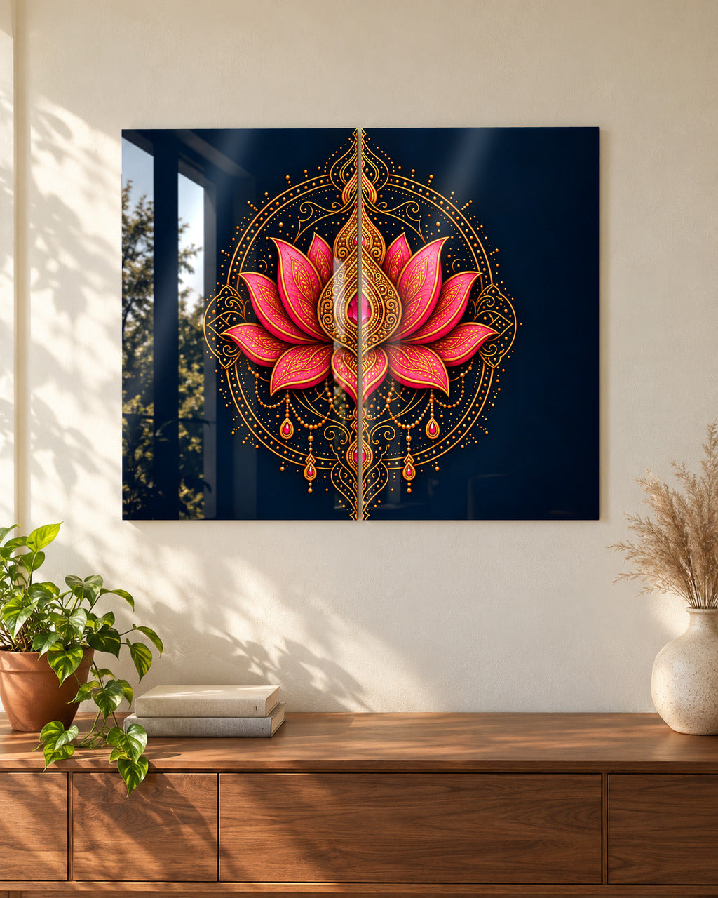 Split Lotus Mandala set of 2 acrylic panels above a walnut console in a sunlit living room