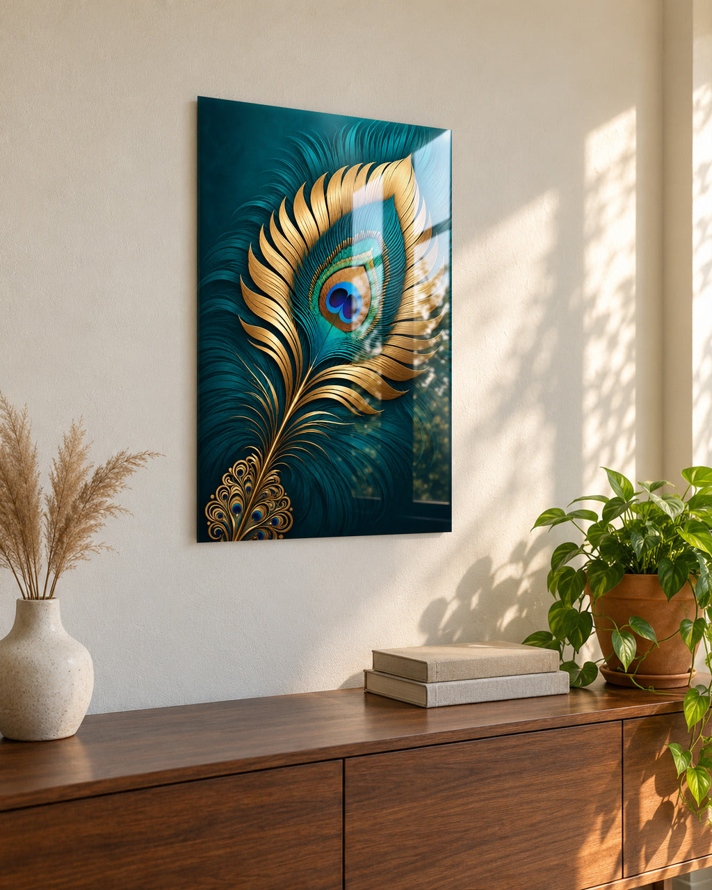 Teal and gold peacock feather acrylic wall art, seen from the side in a living room