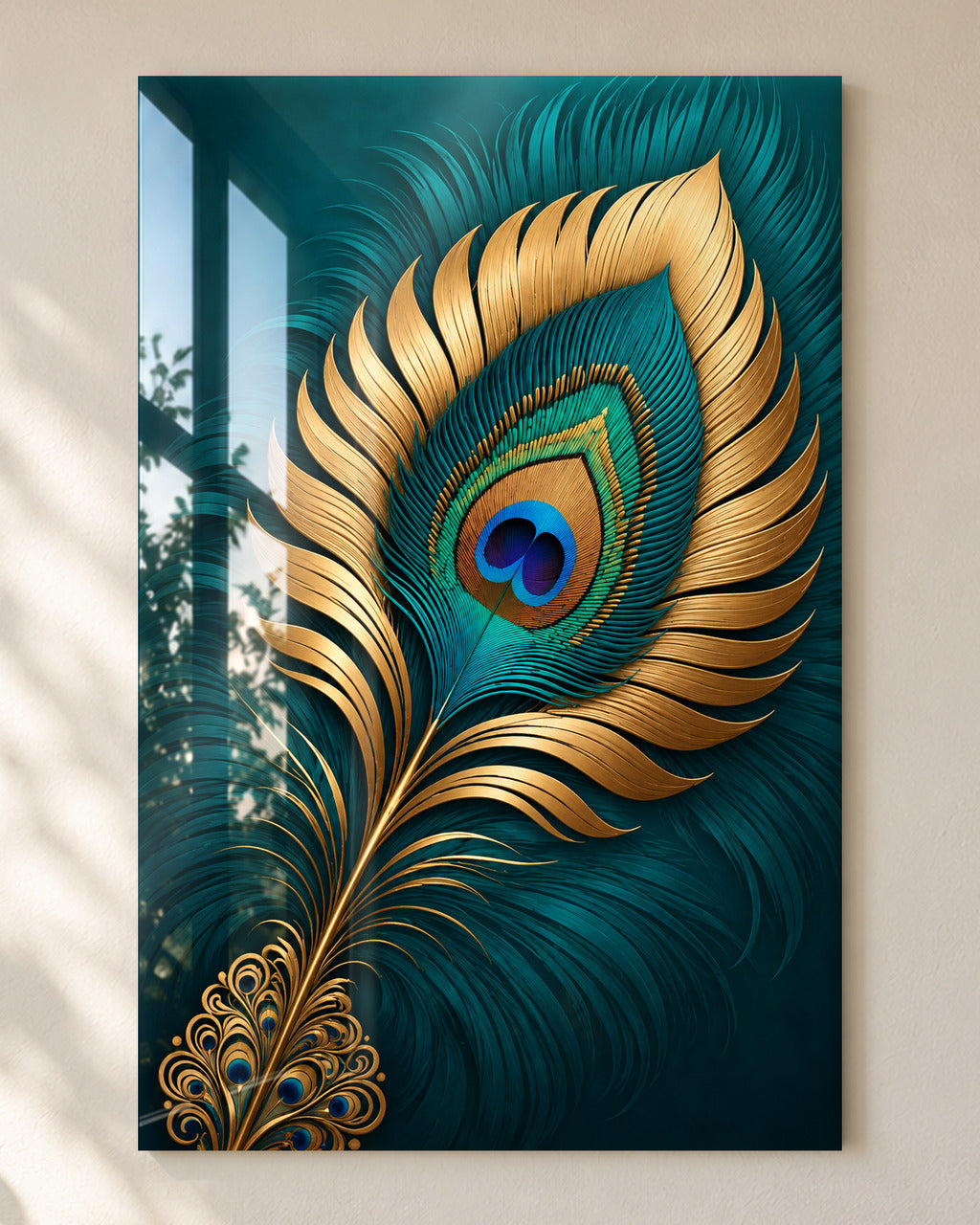 Teal and gold peacock feather acrylic wall art, close-up