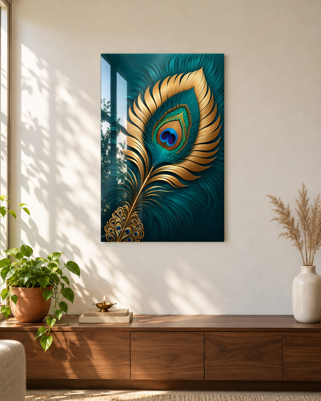 Teal and gold peacock feather acrylic wall art, on a sunlit living-room wall above a console