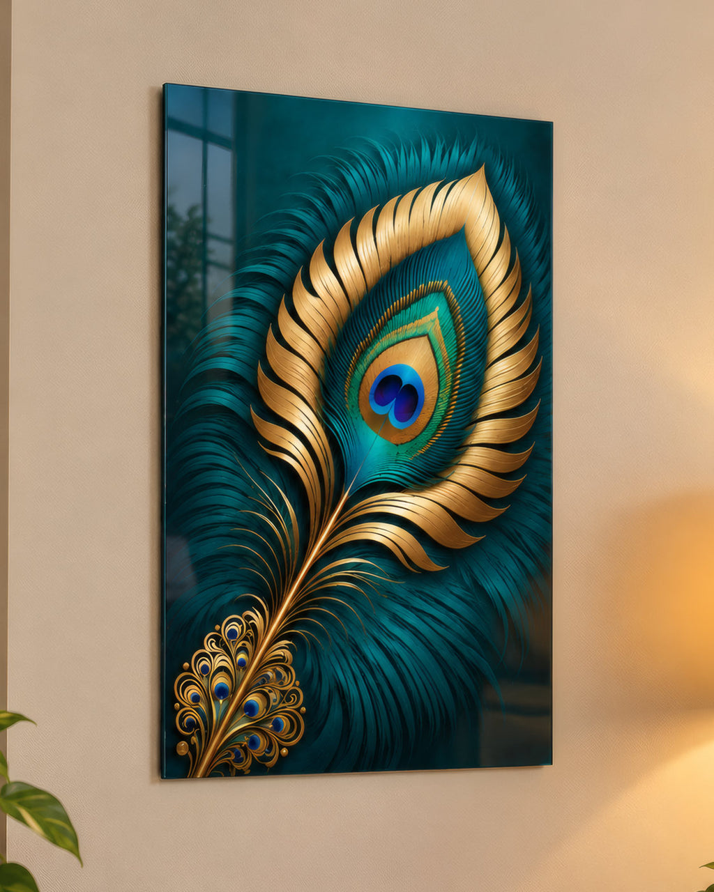 Teal and gold peacock feather acrylic wall art, close-up