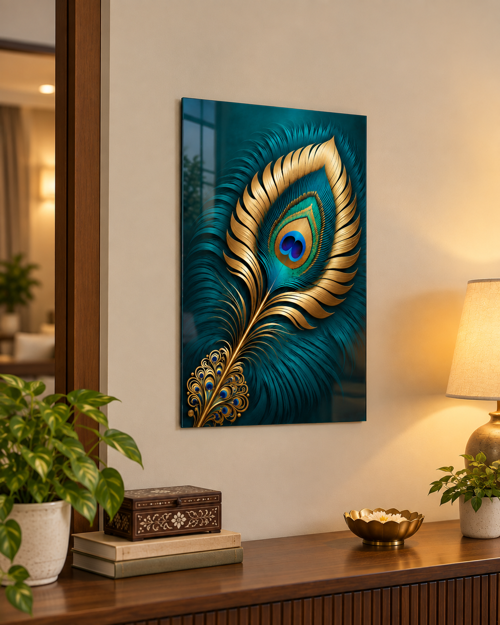 Teal and gold peacock feather acrylic wall art
