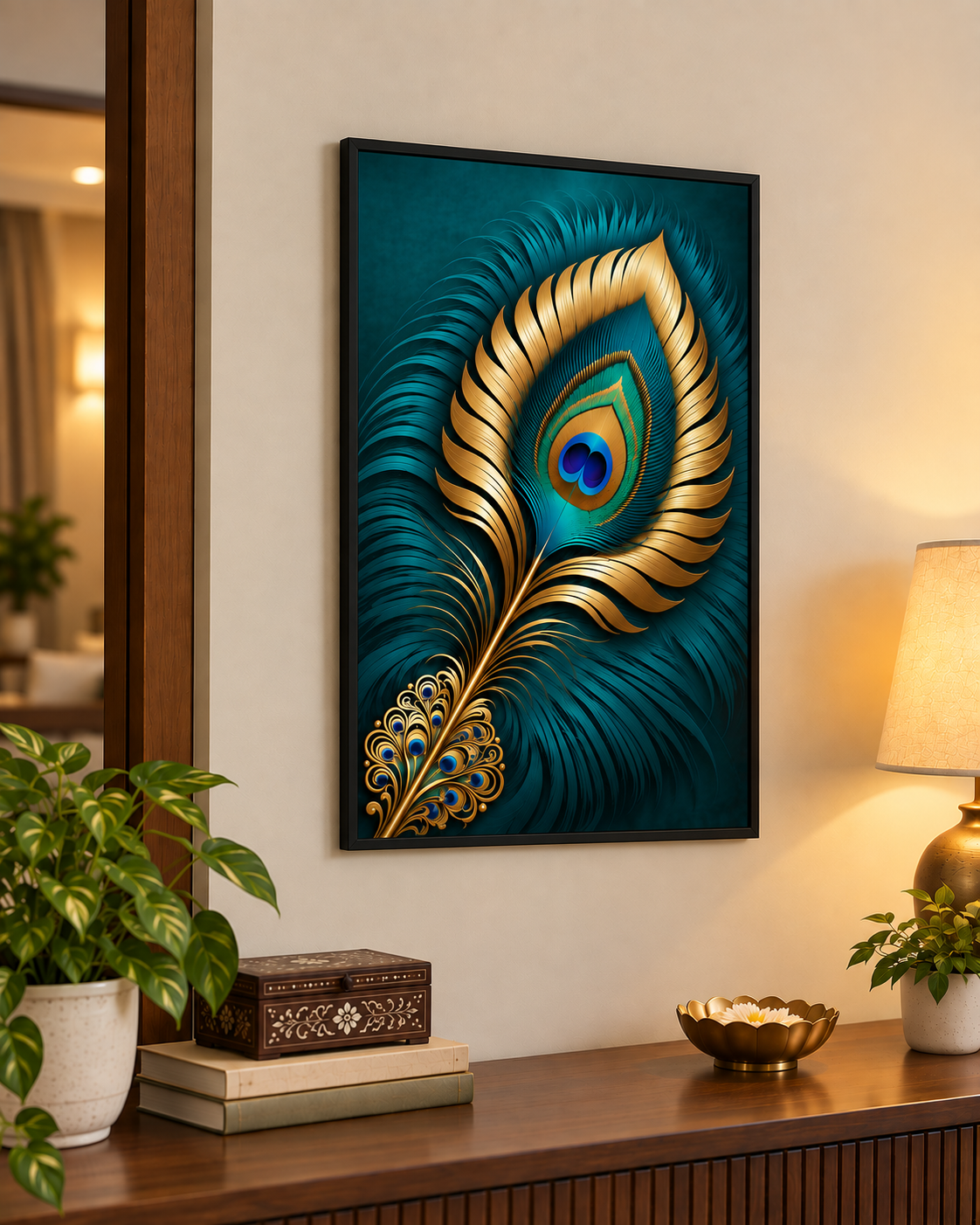 Teal and gold peacock feather poster in a black frame