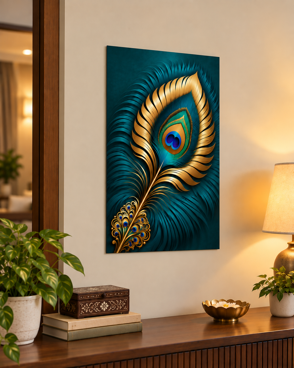 Teal and gold peacock feather unframed poster on a wall