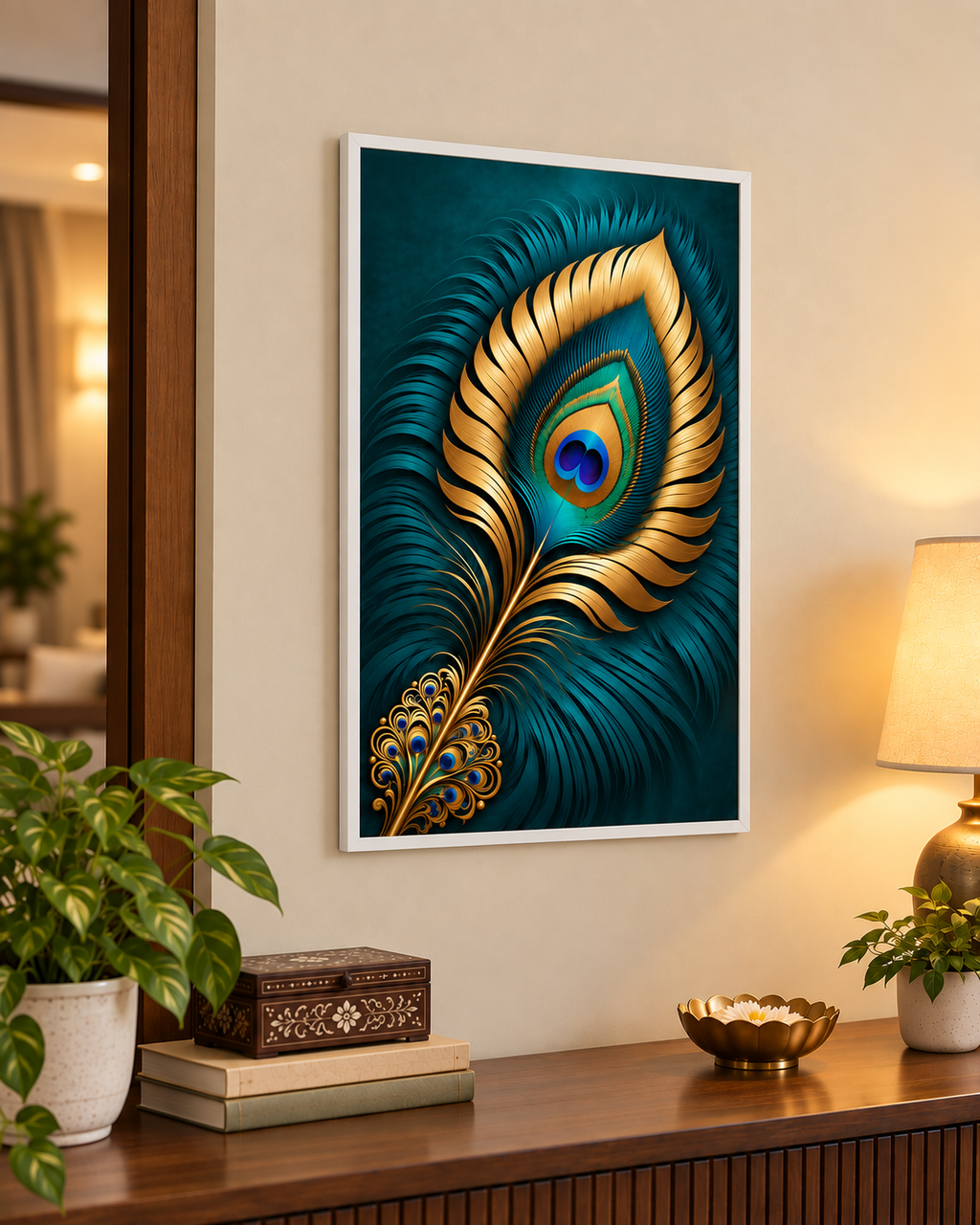 Teal and gold peacock feather poster in a white frame
