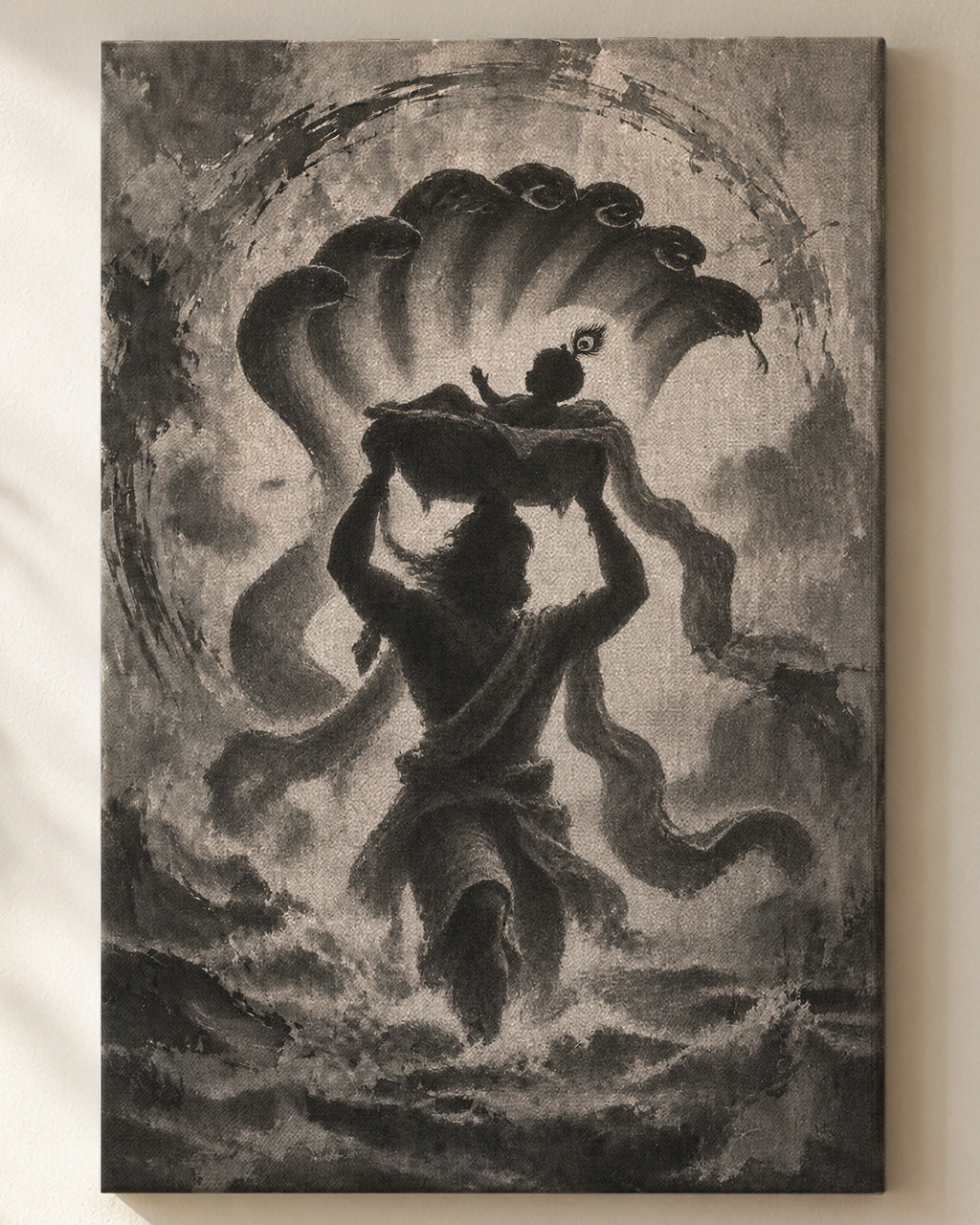 Vasudeva Carrying Krishna canvas, close view of the ink wash on the canvas weave