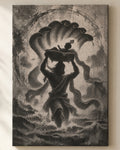Vasudeva Carrying Krishna canvas, close view of the ink wash on the canvas weave