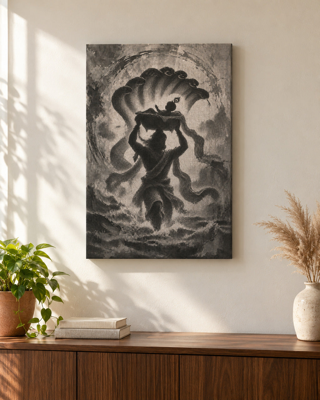 Vasudeva Carrying Krishna canvas above a walnut console in a sunlit living room