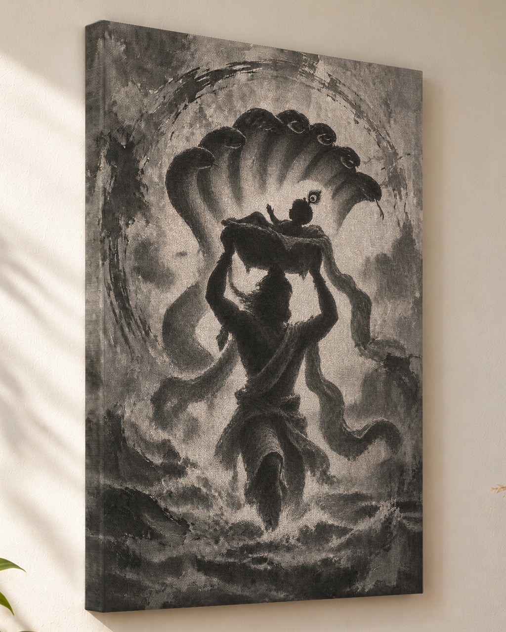 Vasudeva Carrying Krishna canvas, close view of the gallery-wrapped side