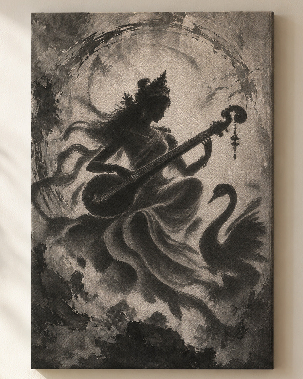 Veena Saraswati canvas, close view of the ink wash on the canvas weave