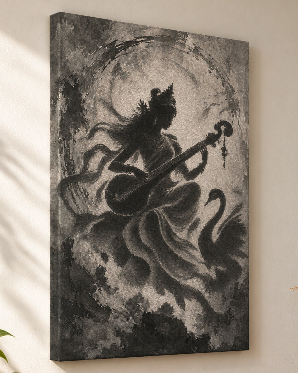 Veena Saraswati canvas, close view of the gallery-wrapped side