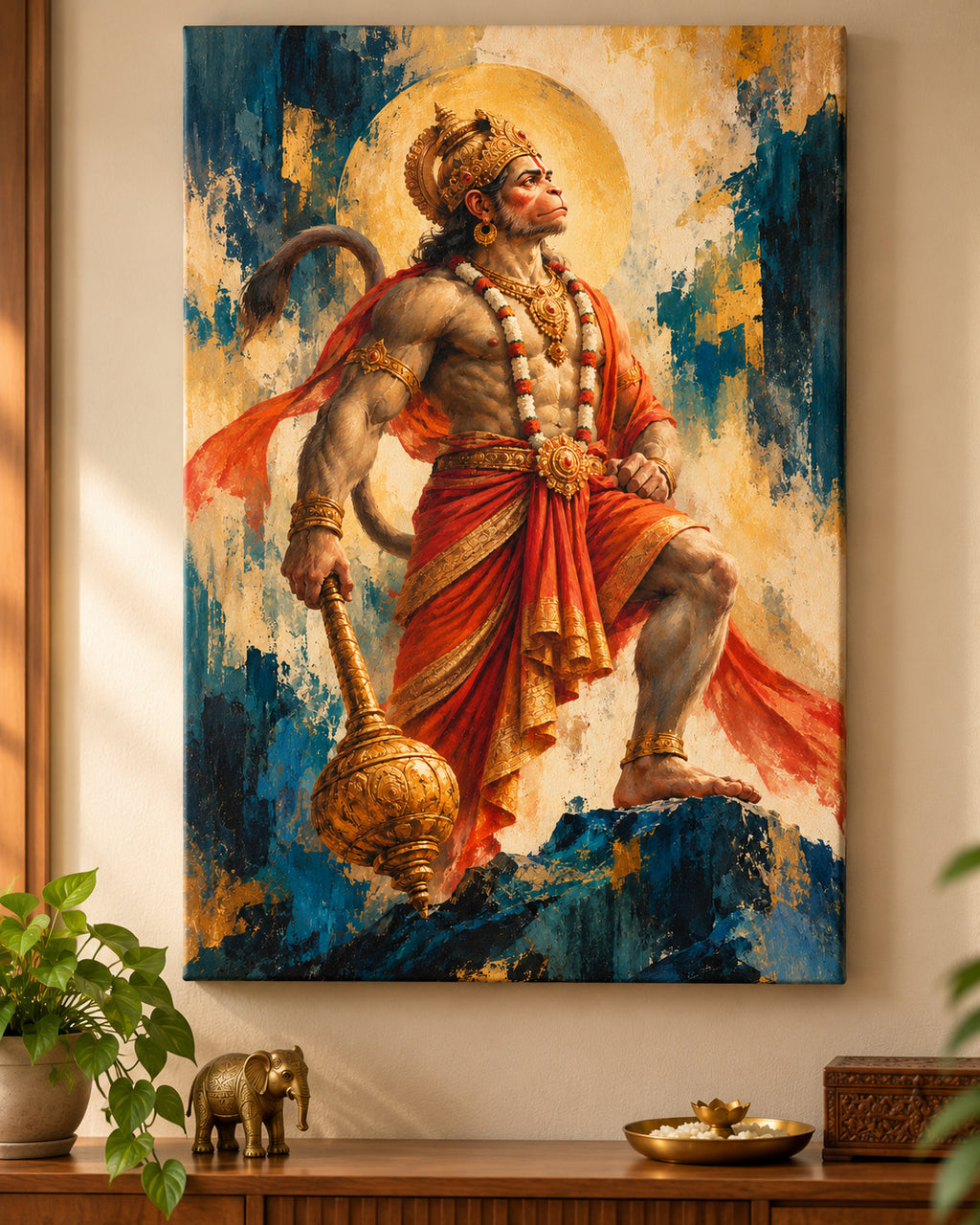 Veer Hanuman canvas wall art above a wooden console