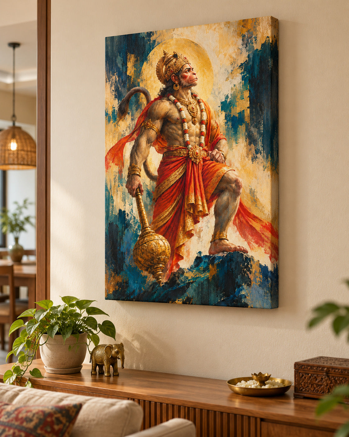 Veer Hanuman gallery-wrapped canvas in a warm living room