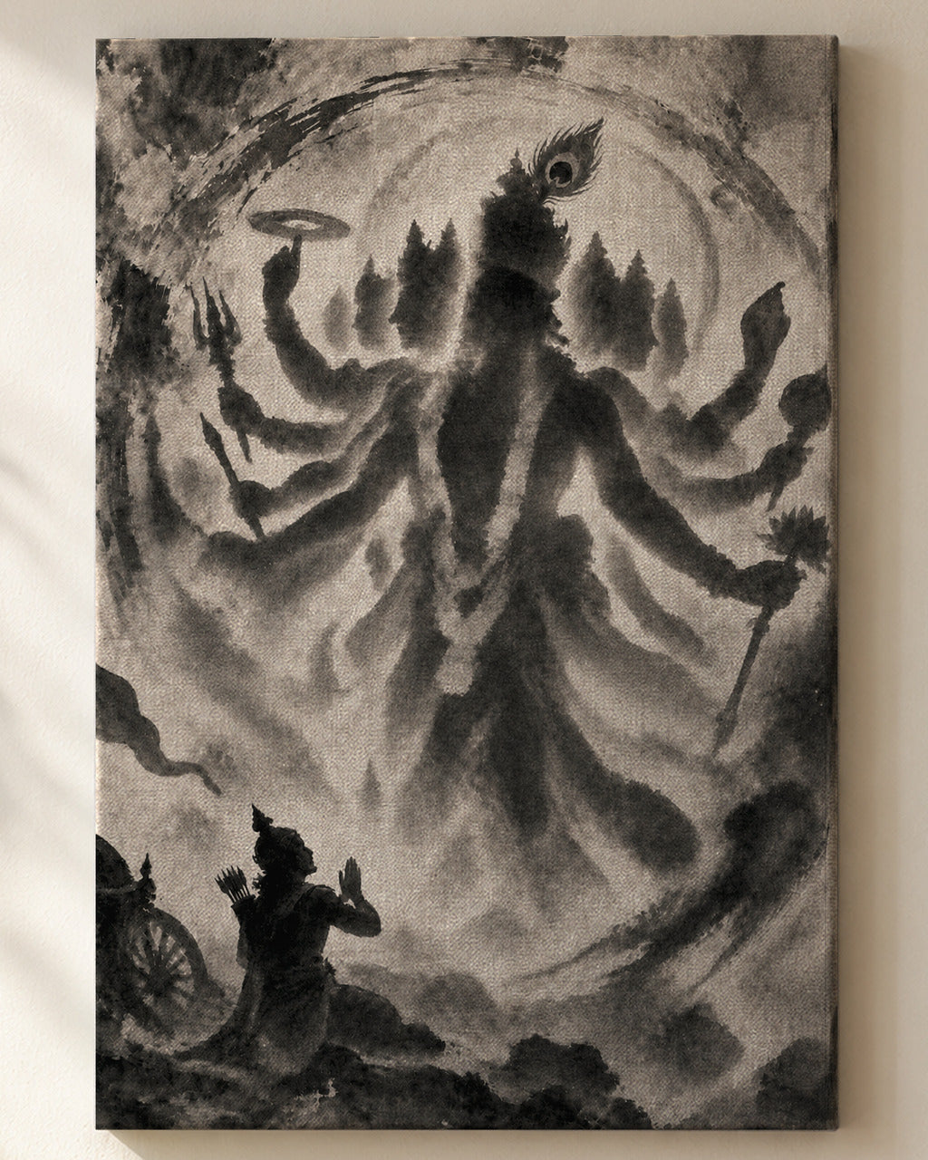 Vishwaroop Krishna canvas, close view of the ink wash on the canvas weave