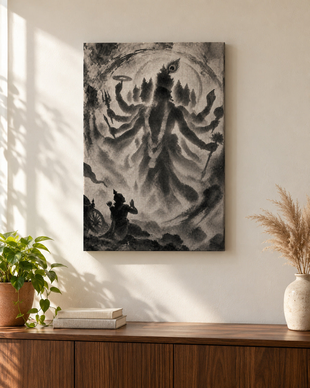 Vishwaroop Krishna canvas above a walnut console in a sunlit living room